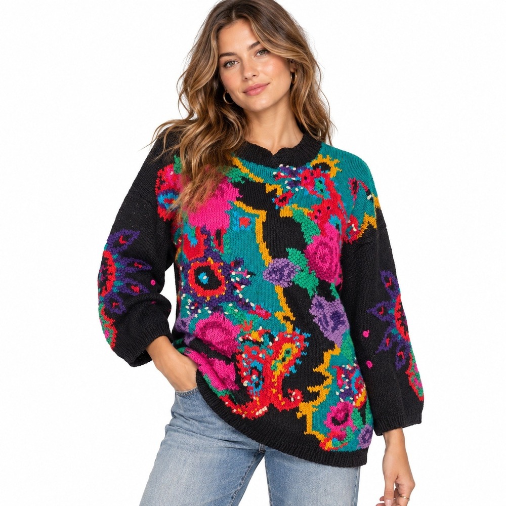 Vintage 80s Forenza Hand Knit Sweater S Abstract Floral Wearable Art Maximalist